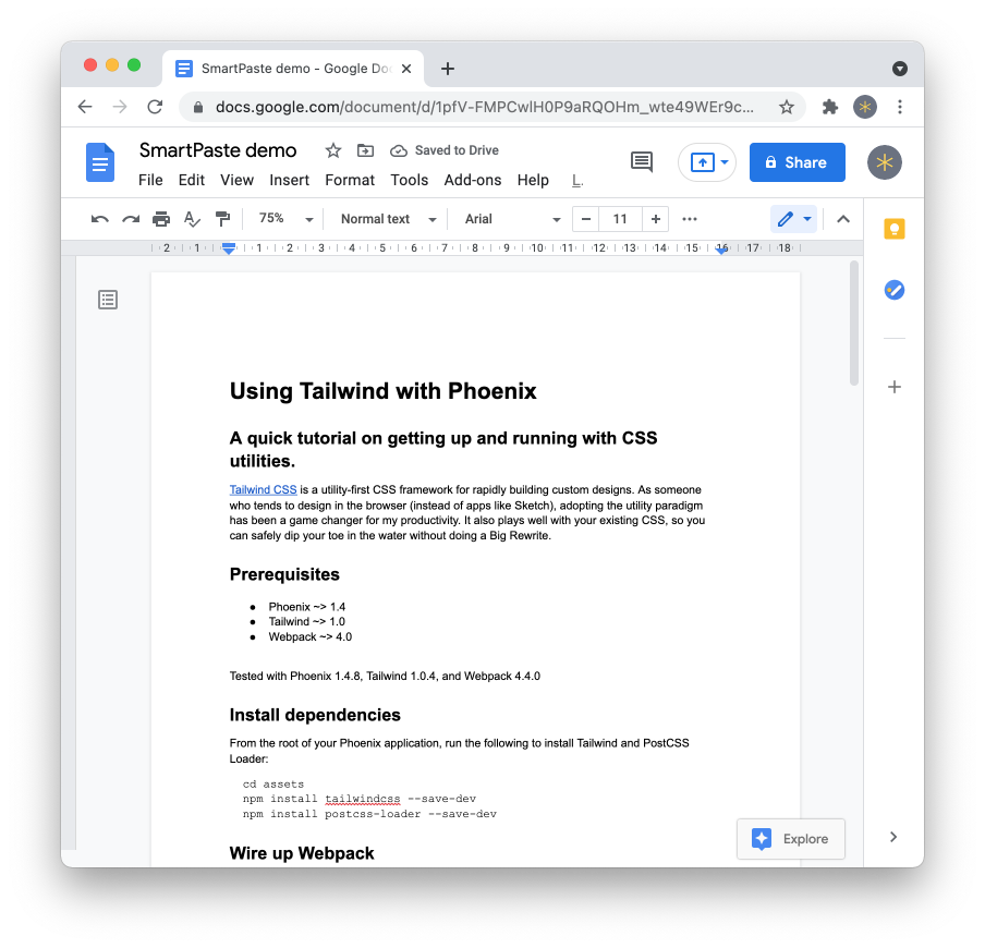 Pasted blog post in Google Docs with SmartPaste enabled